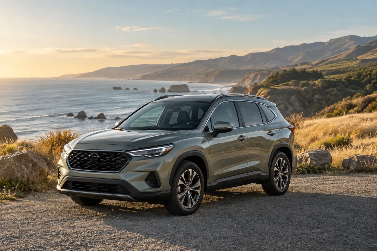 A sage-gray SUV parked beside the coast in warm afternoon light